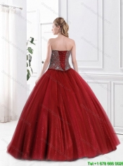 2015 Popular Strapless Beaded Sweet 16 Gowns in Wine Red