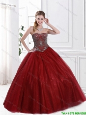 2015 Popular Strapless Beaded Sweet 16 Gowns in Wine Red