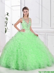 2016 Beautiful Open Back Spring Green Sweet 16 Dresses with Ruffles
