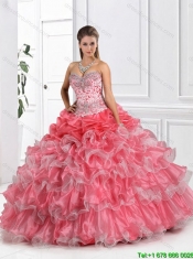 2016 Fashionable Coral Red Quinceanera Dresses with Ruffled Layers