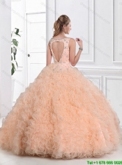 2016 Pretty V Neck Peach Quinceanera Dresses with Open Back