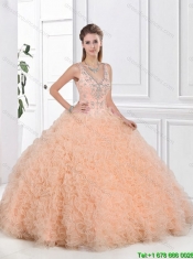2016 Pretty V Neck Peach Quinceanera Dresses with Open Back