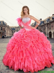 2016 Romantic Strapless Beaded and Ruffles Quinceanera Gowns in Coral Red