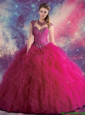 Perfect Straps Beaded and Ruffles Quinceanera Gowns in Fuchsia