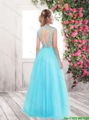 2016 Pretty Spring Open Back High Neck Prom Dresses in Aqua Blue