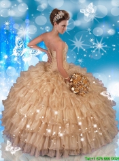 Fashionable Strapless Beading and Ruffles Quinceanera Gowns in Champagne