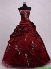Beautiful Strapless Ball Gown Wine Red Sweet 16 Dresses with Appliques