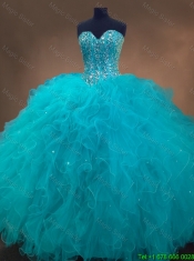 Beautiful Beaded and Ruffles Quinceanera Gowns in Aqua Blue