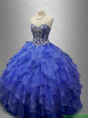 Beautiful Beaded Blue Quinceanera Gowns with Ruffles