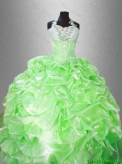 Discount Halter Top Pick Ups Quinceanera Gowns in Spring Green