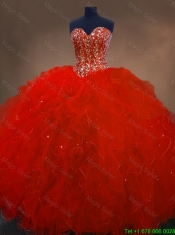 Discount Red Sweetheart Quinceanera Gowns with Ruffles and Beading