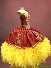 Discount Wine Red and Yellow Sweet 16 Dresses with Appliques and Ruffles