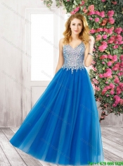2016 Fashionable V Neck Floor Length Prom Dresses with Beading