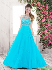 Beaded Brush Train Popular 2016 Prom Dresses in Aqua Blue