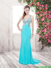 Cheap Aqua Blue Straps Prom Dresses with Criss Cross