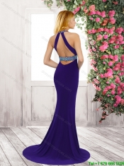 Cheap Mermaid Brush Train Blue Prom Dresses with Beading