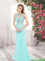 Elegant Column Scoop Brush Train Prom Dresses with Open Back