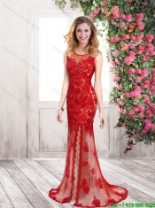 Elegant Column Scoop Prom Dresses with Slit and Appliques