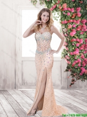 Hot Sale Beaded and High Slit Prom Dresses with Brush Train