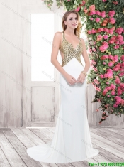 Inexpensive Brush Train Beaded Prom Dresses in White