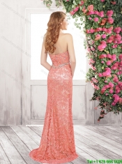 Luxurious Column Laced Prom Dresses with Beading and High Slit