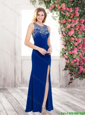 New Style Column Scoop Beaded Prom Dresses with High Slit