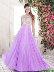 Pretty Bateau Open Back Brush Train Prom Dresses in Lilac
