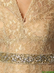 2016 New Style Column V Neck Lace Prom Dresses with Brush Train