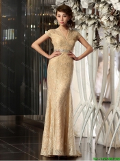 2016 New Style Column V Neck Lace Prom Dresses with Brush Train