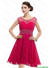 Beautiful Mini Length Scoop Hot Pink Prom Dresses with Cap Sleeves