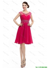 Beautiful Mini Length Scoop Hot Pink Prom Dresses with Cap Sleeves