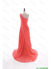 Cheap 2016 Fall Empire One Shoulder Brush Train Prom Dresses in Watermelon