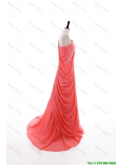 Cheap 2016 Fall Empire One Shoulder Brush Train Prom Dresses in Watermelon