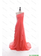 Cheap 2016 Fall Empire One Shoulder Brush Train Prom Dresses in Watermelon