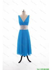 Cheap 2016 Spring Empire V Neck Tea Length Prom Dresses with Belt