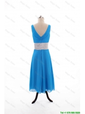Cheap 2016 Spring Empire V Neck Tea Length Prom Dresses with Belt
