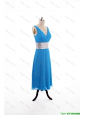 Cheap 2016 Spring Empire V Neck Tea Length Prom Dresses with Belt