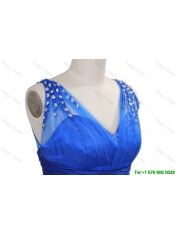 cheap 2016 Winter New Empire V Neck Blue Prom Dresses with Beading