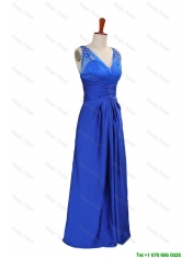 cheap 2016 Winter New Empire V Neck Blue Prom Dresses with Beading