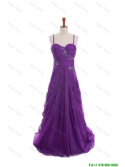 Cheap Appliques and Beading Eggplant Purple Prom Dresses with Sweep Train