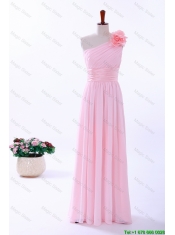 Cheap Custom Made Empire One Shoulder Hand Made Flowers Prom Dresses in Baby Pink