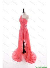 Cheap Gorgeous Column One Shoulder Watermelon Prom Dresses with Ruching