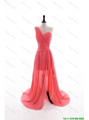 Cheap Gorgeous Column One Shoulder Watermelon Prom Dresses with Ruching