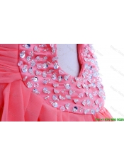 Cheap Gorgeous Column One Shoulder Watermelon Prom Dresses with Ruching