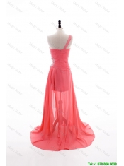 Cheap Gorgeous Column One Shoulder Watermelon Prom Dresses with Ruching