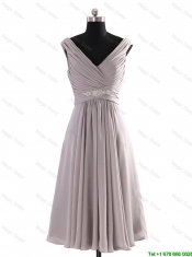 Cheap Most Popular V Neck Short Beading Grey Prom Dresses for Graduation