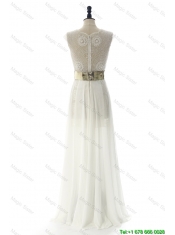 Cheap New Style White Long Prom Dresses with Beading and Belt for 2016
