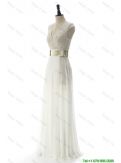 Cheap New Style White Long Prom Dresses with Beading and Belt for 2016