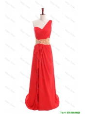 Cheap Sexy Appliques and Ruffles One Shoulder Prom Dresses with Sweep Train