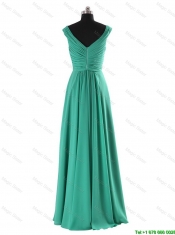 Cheap Simple V Neck Beading and Ruching Long Prom Dresses for 2016 Autumn